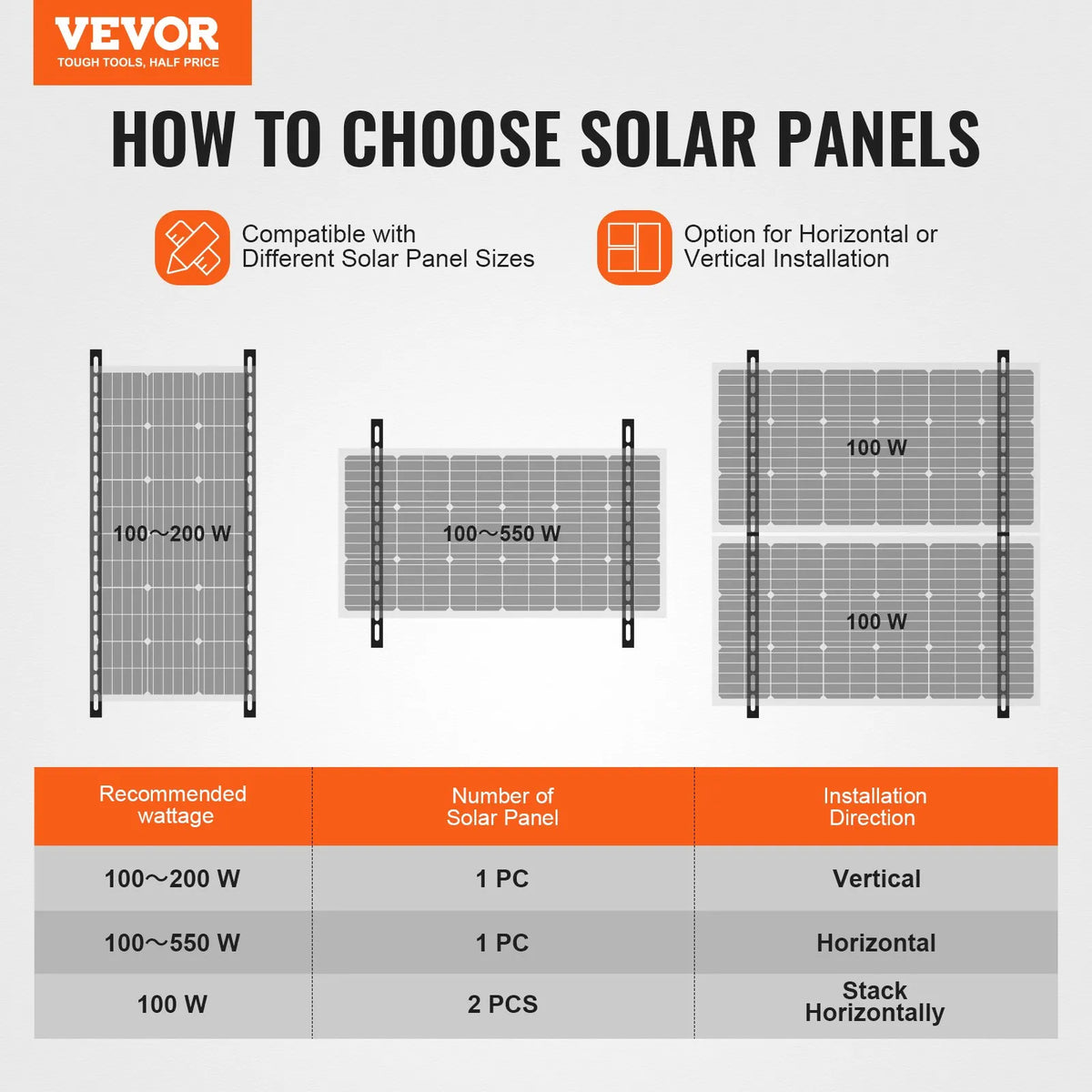 VEVOR 50 inch Solar Panel Mounting Brackets with Adjustable Tilt 0–90°, Suitable for 100–550 W Solar Panels, Lightweight Aluminium Brackets with Foldable Tilt Legs for Campers, Roofs, Boats and Off-Grid Systems