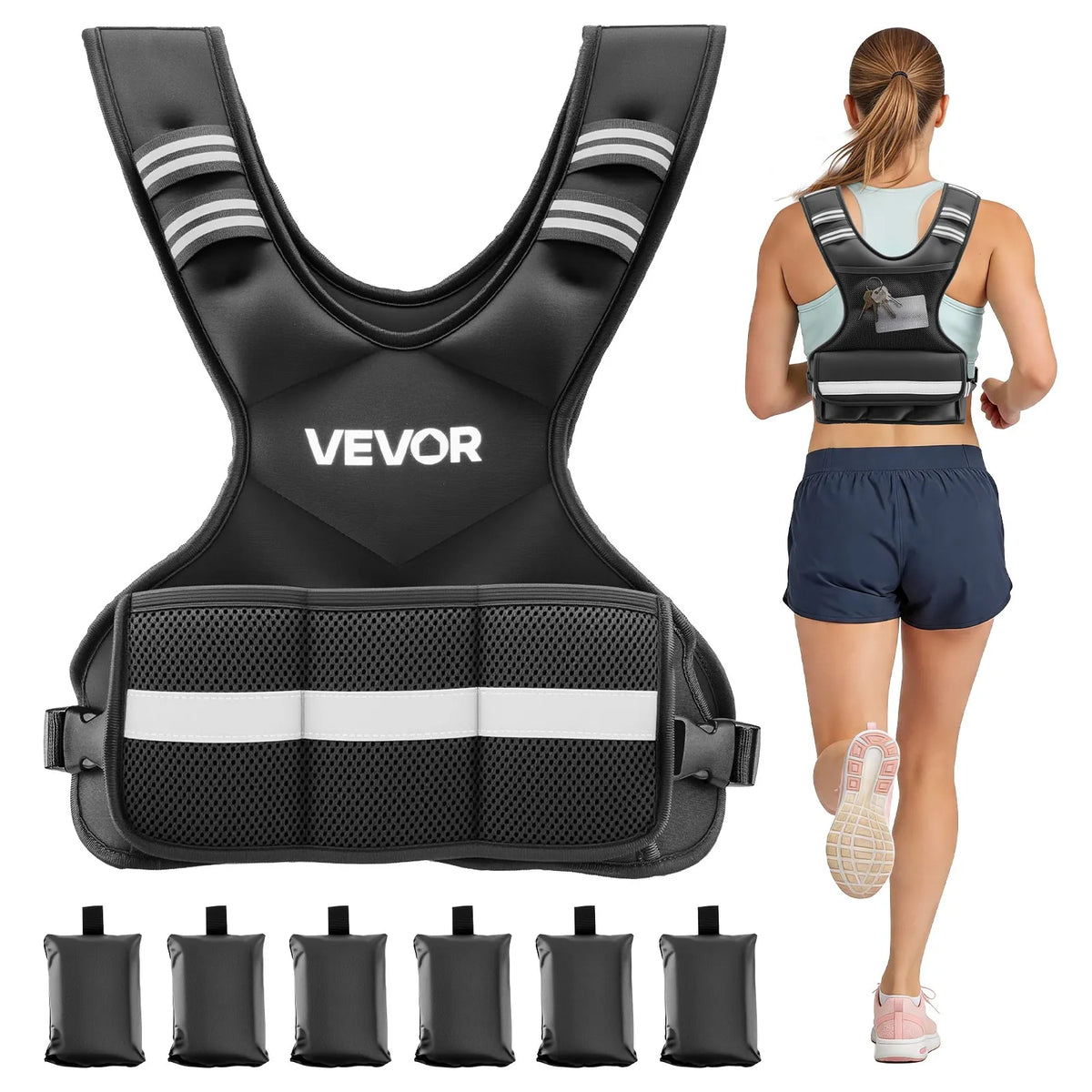 VEVOR reguleeritav raskusvest 4,7 kg 6 raskusplokiga, X-kujuline, helkurribadega