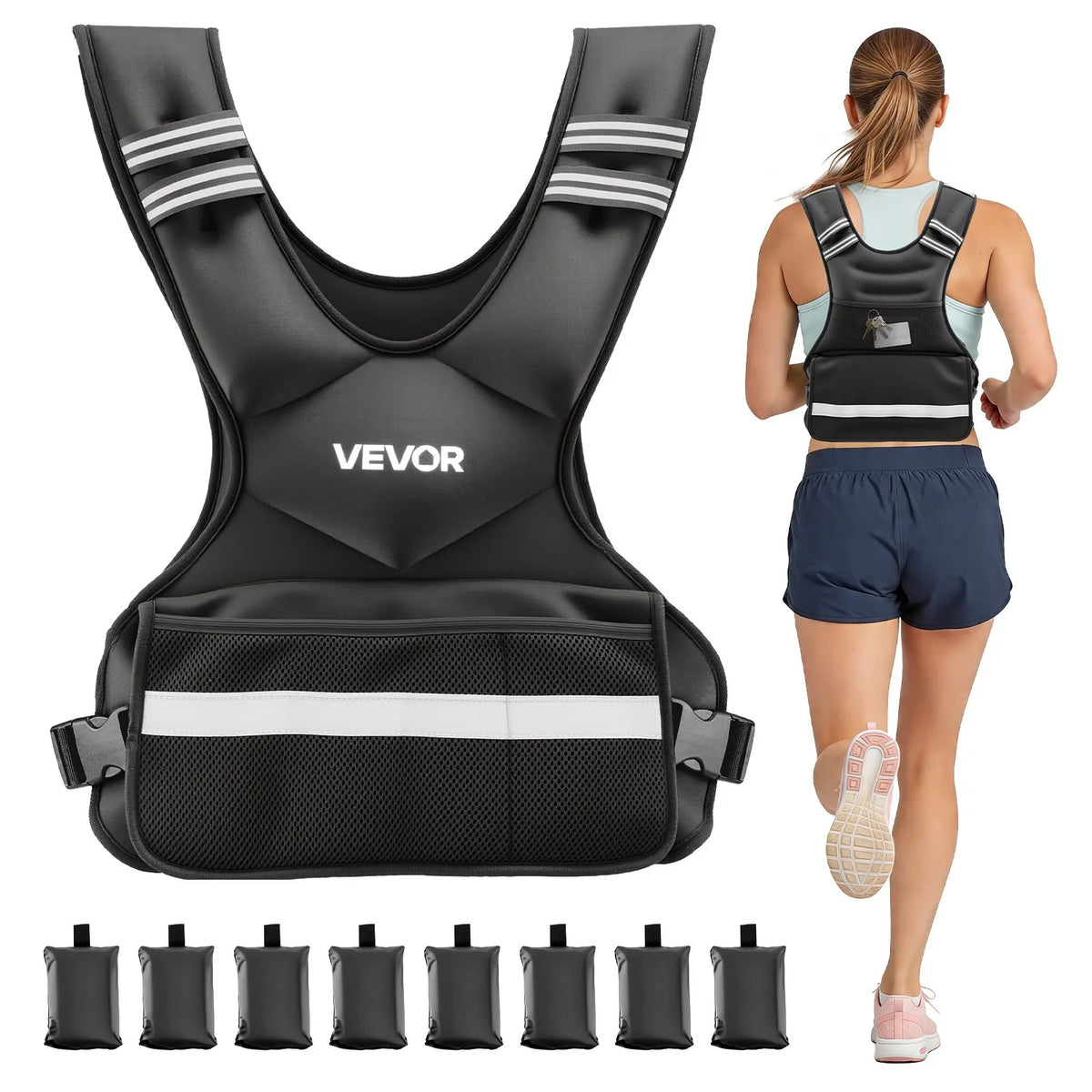 VEVOR reguleeritav raskusvest 18,3 kg 8 raskusplokiga, X-kujuline, helkurribadega