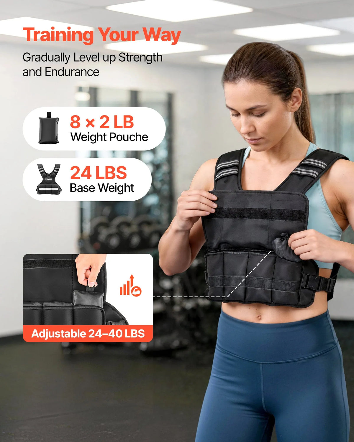 VEVOR reguleeritav raskusvest 18,3 kg 8 raskusplokiga, X-kujuline, helkurribadega