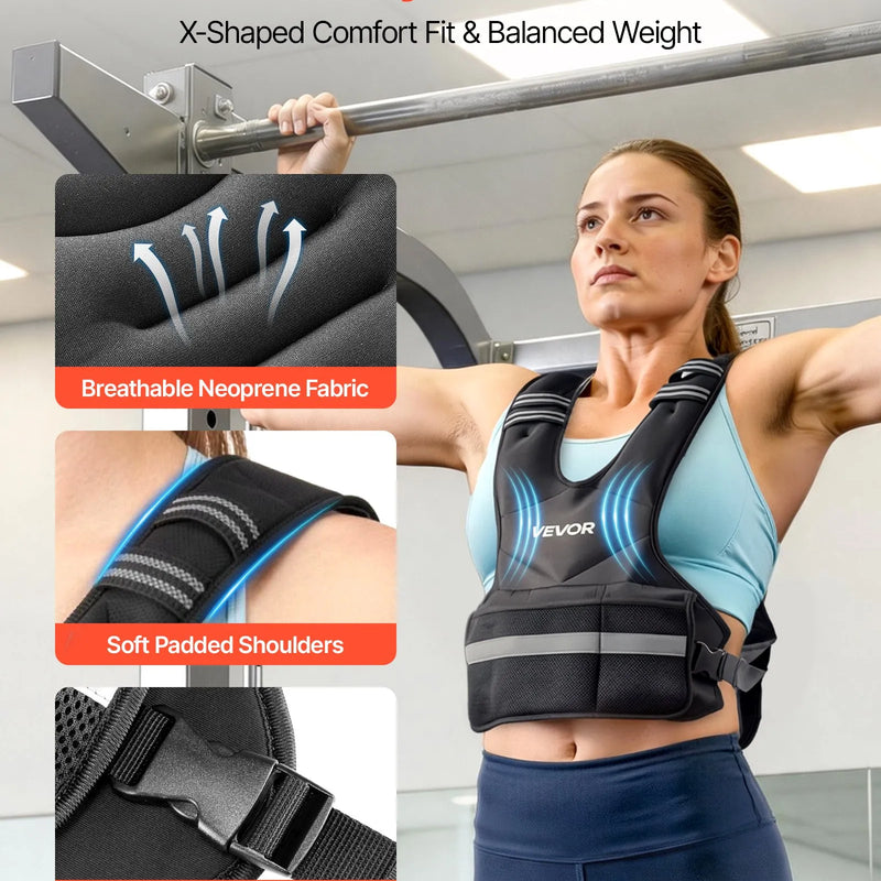 VEVOR regulējama svaru veste 18,3 kg ar 8 svaru ieliktņiem, X formas dizains un atstarojošas joslas, spēka treniņiem, skriešanai un fitnesam vīriešiem un sievietēm