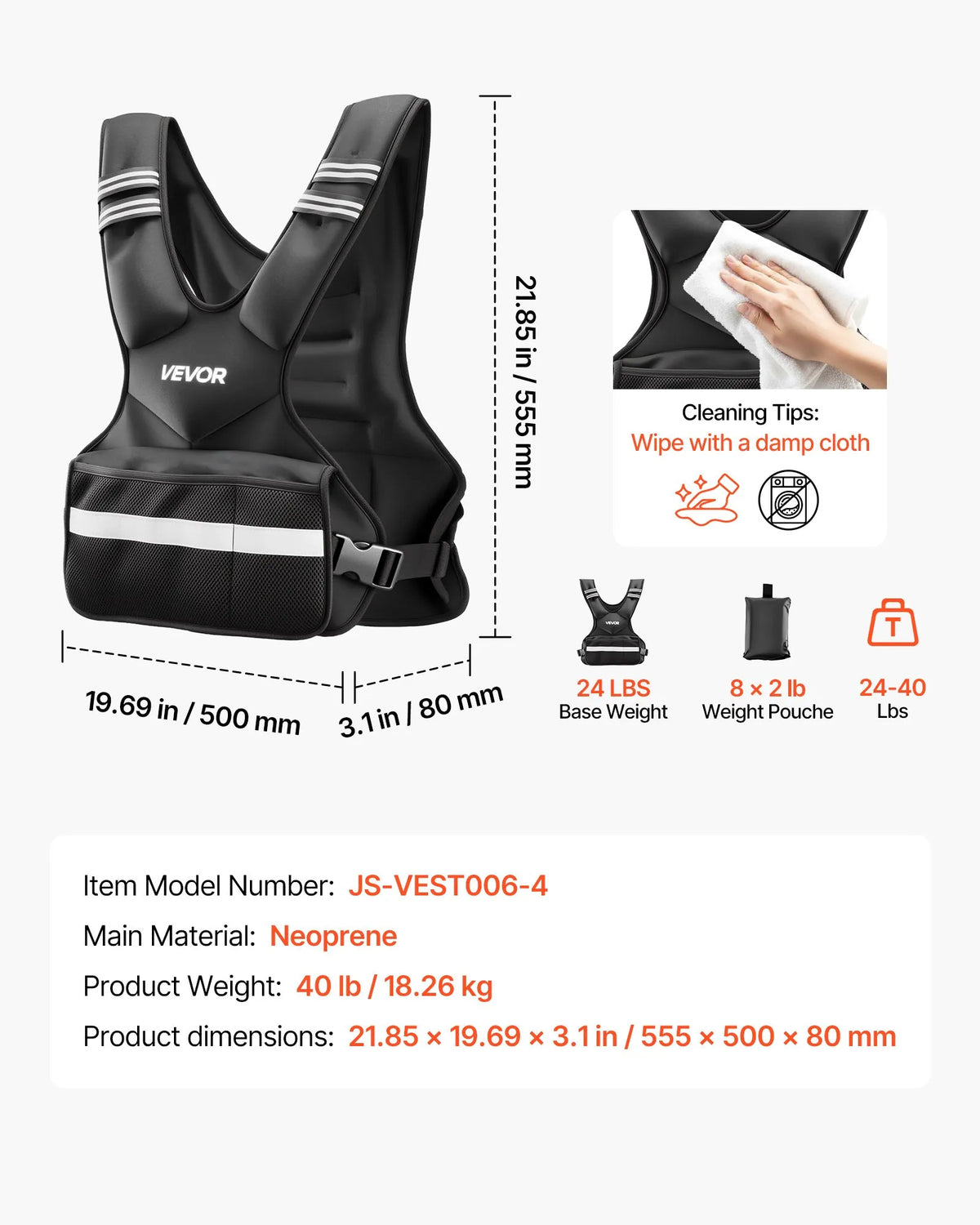 VEVOR reguleeritav raskusvest 18,3 kg 8 raskusplokiga, X-kujuline, helkurribadega