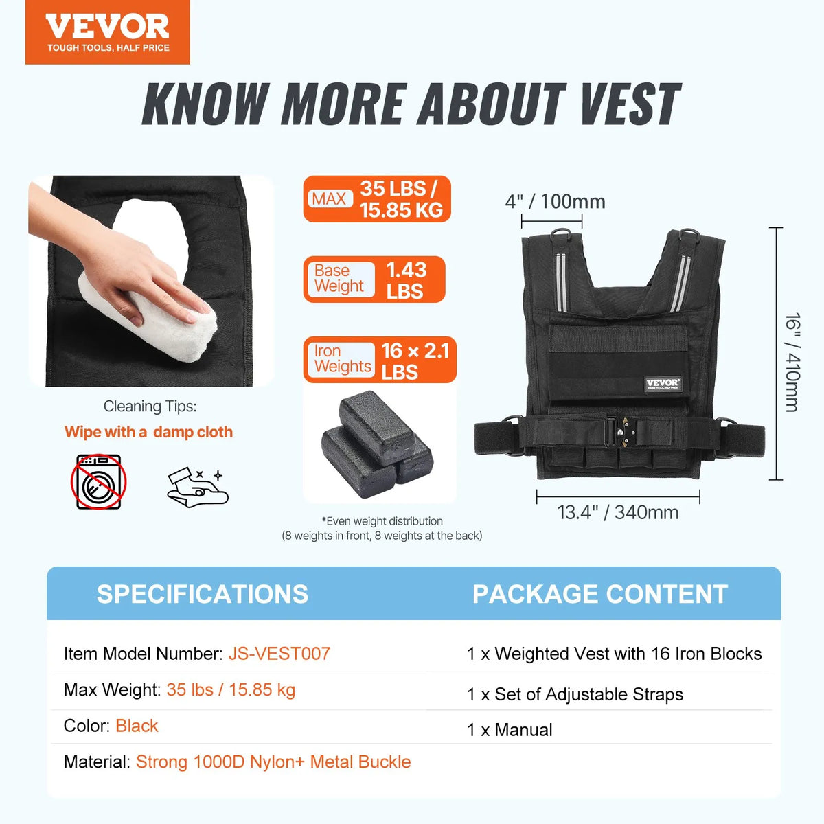 VEVOR regulējama svaru veste 16 kg spēka treniņiem un skriešanai