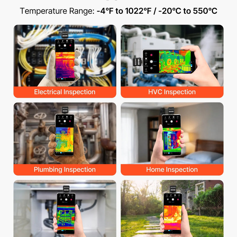 VEVOR termokamera Android ierīcēm, 320 × 240 TISR super izšķirtspēja, 25 Hz atsvaidzes ātrums, 160 × 120 IR izšķirtspēja, temperatūras diapazons - 20 °C līdz 550 °C, 15 krāsu paletes - ZEMLETES.LV