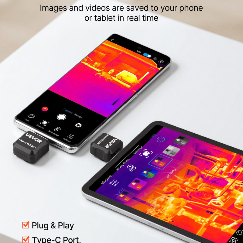 VEVOR termokamera Android ierīcēm, 320 × 240 TISR super izšķirtspēja, 25 Hz atsvaidzes ātrums, 160 × 120 IR izšķirtspēja, temperatūras diapazons - 20 °C līdz 550 °C, 15 krāsu paletes - ZEMLETES.LV