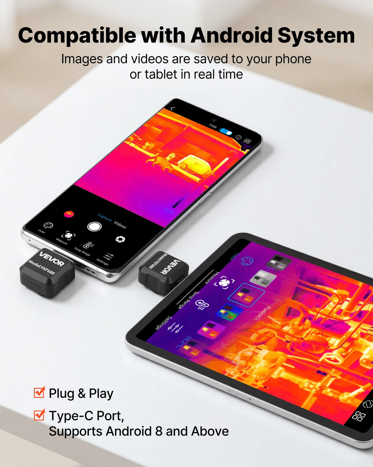 VEVOR termokamera Android ierīcēm, 320 × 240 TISR super izšķirtspēja, 25 Hz atsvaidzes ātrums, 160 × 120 IR izšķirtspēja, temperatūras diapazons - 20 °C līdz 550 °C, 15 krāsu paletes - ZEMLETES.LV