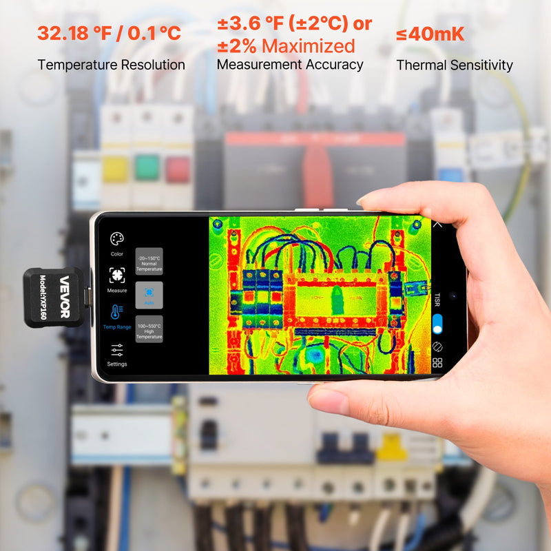 VEVOR termokamera Android ierīcēm, 320 × 240 TISR super izšķirtspēja, 25 Hz atsvaidzes ātrums, 160 × 120 IR izšķirtspēja, temperatūras diapazons - 20 °C līdz 550 °C, 15 krāsu paletes - ZEMLETES.LV