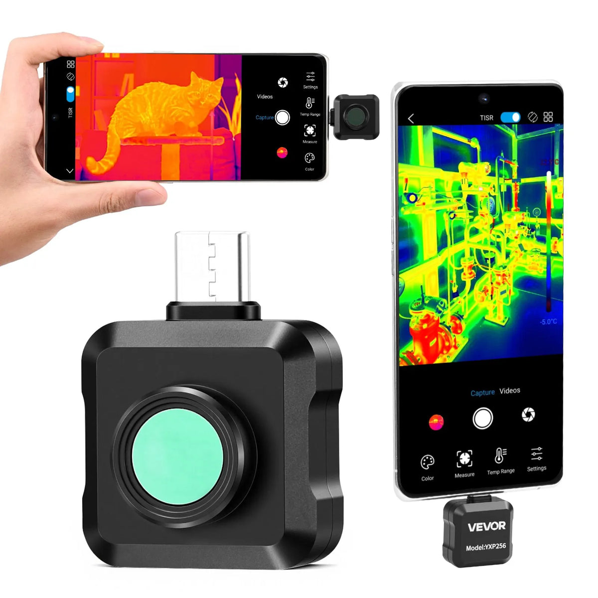 VEVOR termokamera Android ierīcēm, 512 × 384 TISR super izšķirtspēja, 25 Hz atsvaidzes ātrums, 256 × 192 IR izšķirtspēja, temperatūras diapazons - 20 °C līdz 550 °C, 15 krāsu paletes - ZEMLETES.LV