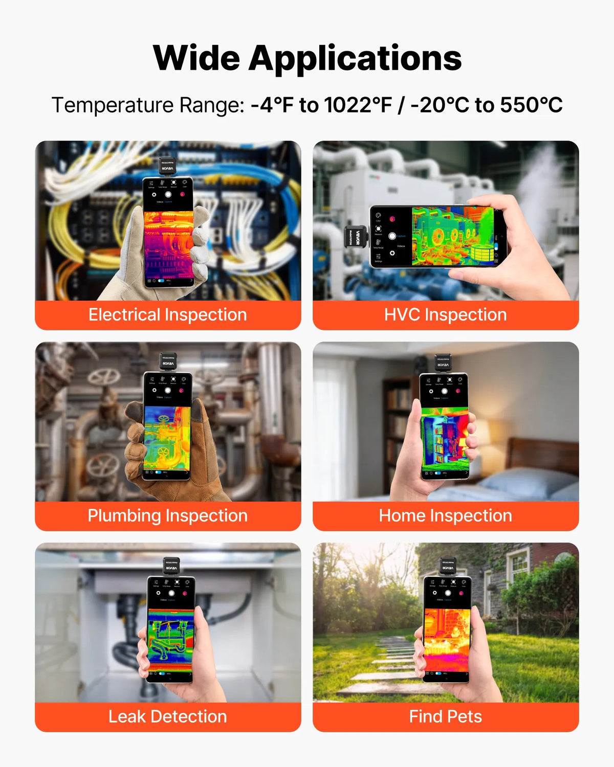VEVOR termokamera Android ierīcēm, 512 × 384 TISR super izšķirtspēja, 25 Hz atsvaidzes ātrums, 256 × 192 IR izšķirtspēja, temperatūras diapazons - 20 °C līdz 550 °C, 15 krāsu paletes - ZEMLETES.LV