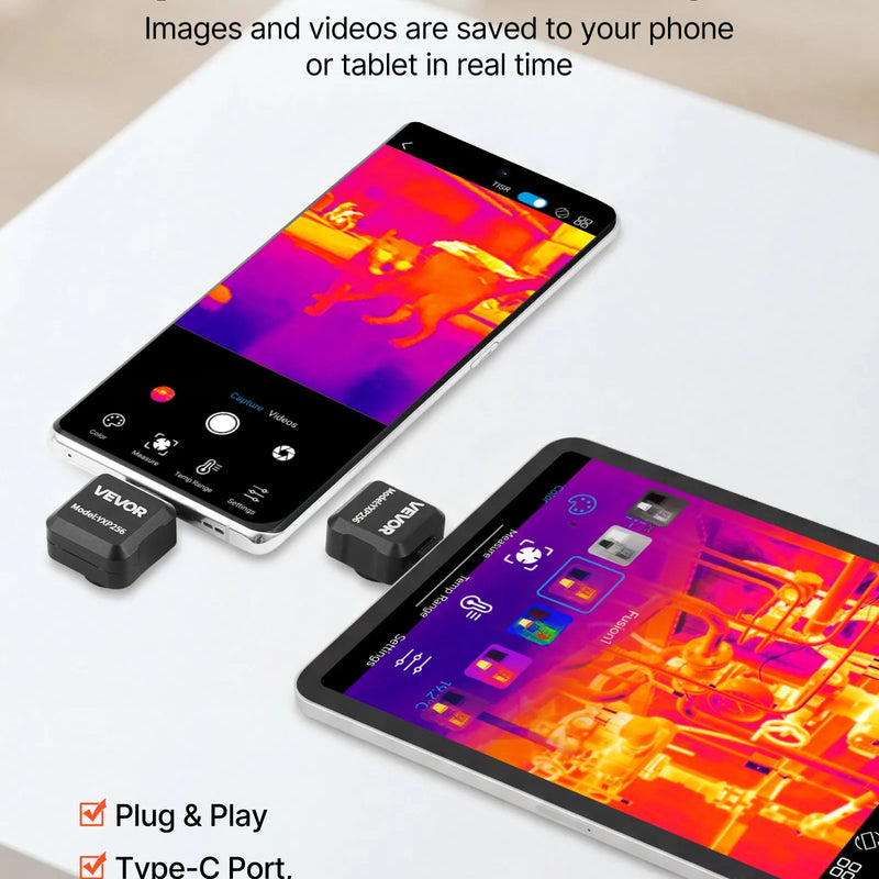 VEVOR termokamera Android ierīcēm, 512 × 384 TISR super izšķirtspēja, 25 Hz atsvaidzes ātrums, 256 × 192 IR izšķirtspēja, temperatūras diapazons - 20 °C līdz 550 °C, 15 krāsu paletes - ZEMLETES.LV