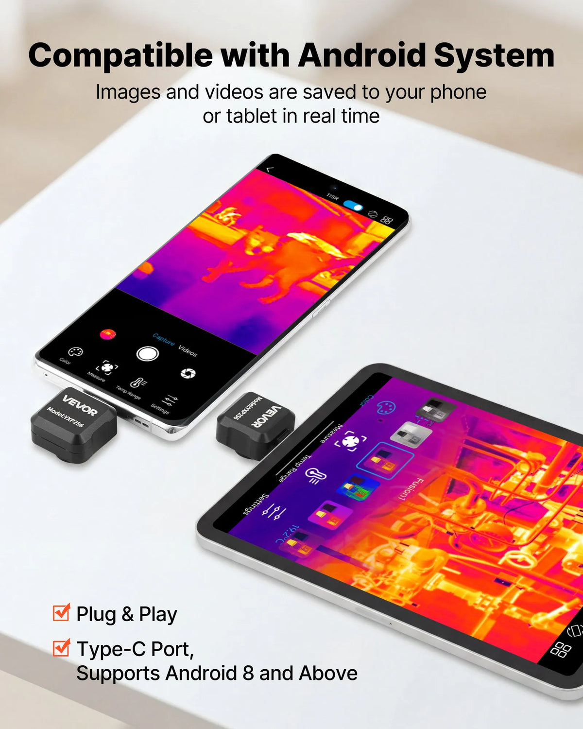 VEVOR termokamera Android ierīcēm, 512 × 384 TISR super izšķirtspēja, 25 Hz atsvaidzes ātrums, 256 × 192 IR izšķirtspēja, temperatūras diapazons - 20 °C līdz 550 °C, 15 krāsu paletes - ZEMLETES.LV