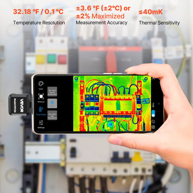 VEVOR termokamera Android ierīcēm, 512 × 384 TISR super izšķirtspēja, 25 Hz atsvaidzes ātrums, 256 × 192 IR izšķirtspēja, temperatūras diapazons - 20 °C līdz 550 °C, 15 krāsu paletes - ZEMLETES.LV