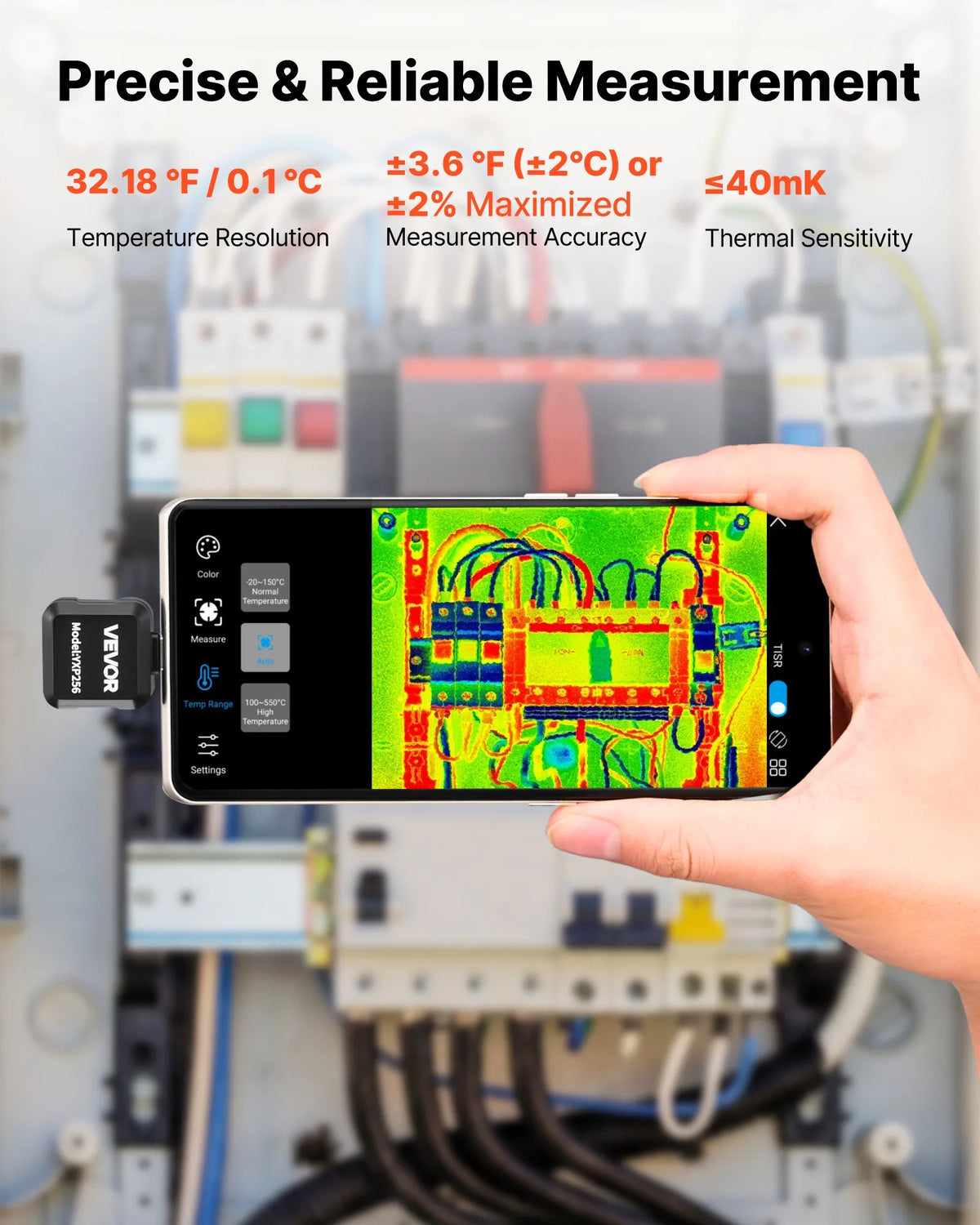 VEVOR termokamera Android ierīcēm, 512 × 384 TISR super izšķirtspēja, 25 Hz atsvaidzes ātrums, 256 × 192 IR izšķirtspēja, temperatūras diapazons - 20 °C līdz 550 °C, 15 krāsu paletes - ZEMLETES.LV