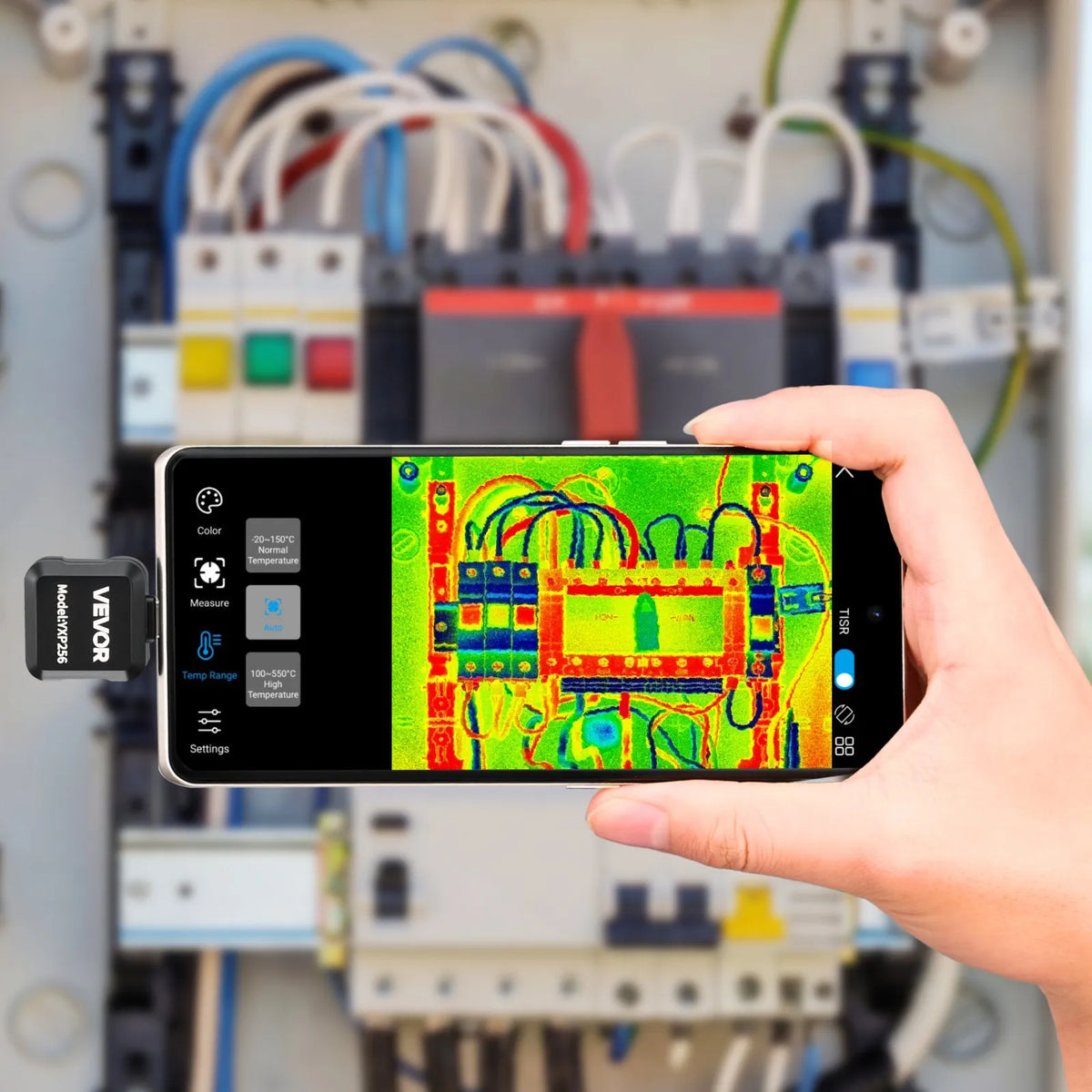 VEVOR termokamera Android ierīcēm, 512 × 384 TISR super izšķirtspēja, 25 Hz atsvaidzes ātrums, 256 × 192 IR izšķirtspēja, temperatūras diapazons - 20 °C līdz 550 °C, 15 krāsu paletes - ZEMLETES.LV