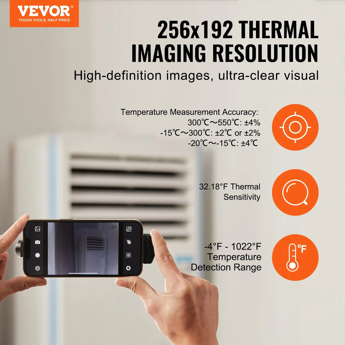 VEVOR termokamera Android un iOS ierīcēm, 256 × 192 IR izšķirtspēja, bezvadu infrasarkanais attēlveidotājs ar WiFi un vizuālo kameru, 25 Hz atsvaidzes intensitāte, temperatūras diapazons -20 °C līdz 550 °C, IP54 aizsardzības klase