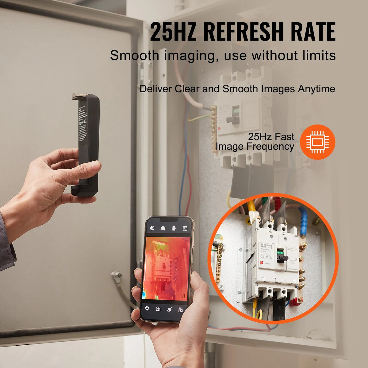 VEVOR termokamera Android un iOS ierīcēm, 256 × 192 IR izšķirtspēja, bezvadu infrasarkanais attēlveidotājs ar WiFi un vizuālo kameru, 25 Hz atsvaidzes intensitāte, temperatūras diapazons -20 °C līdz 550 °C, IP54 aizsardzības klase
