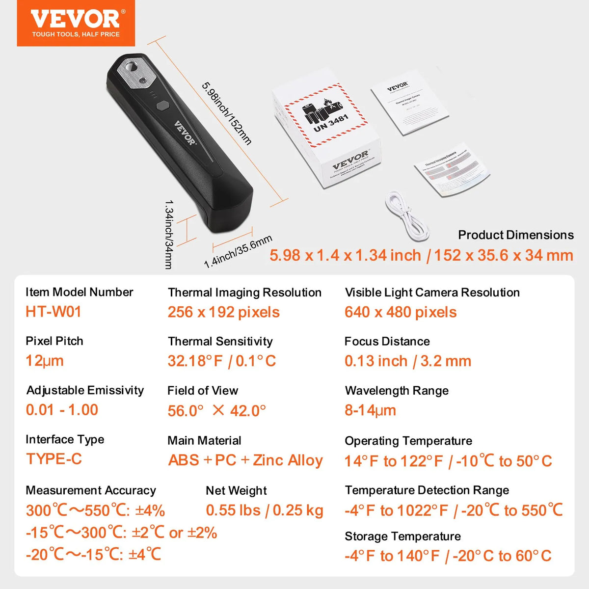 VEVOR termokamera Android un iOS ierīcēm, 256 × 192 IR izšķirtspēja, bezvadu infrasarkanais attēlveidotājs ar WiFi un vizuālo kameru, 25 Hz atsvaidzes intensitāte, temperatūras diapazons -20 °C līdz 550 °C, IP54 aizsardzības klase