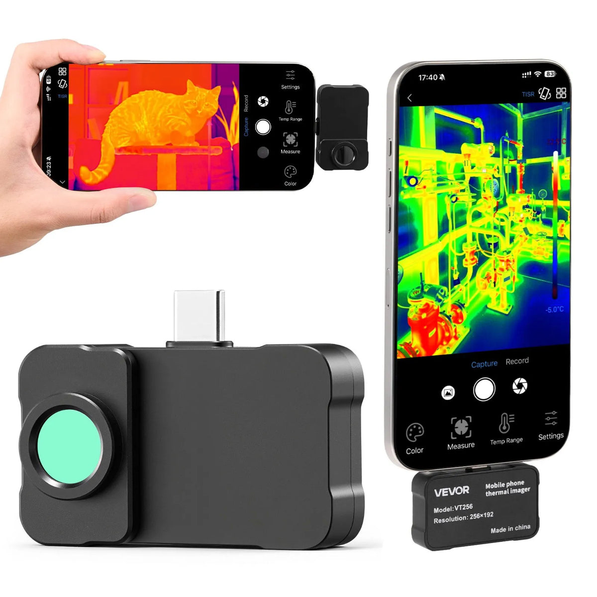 VEVOR termokamera Android un iOS ierīcēm ar makro objektīvu, 512 × 384 super izšķirtspēja, 25 Hz atsvaidzes ātrums, 256 × 192 IR izšķirtspēja, temperatūras diapazons - 20 °C līdz 550 °C - ZEMLETES.LV