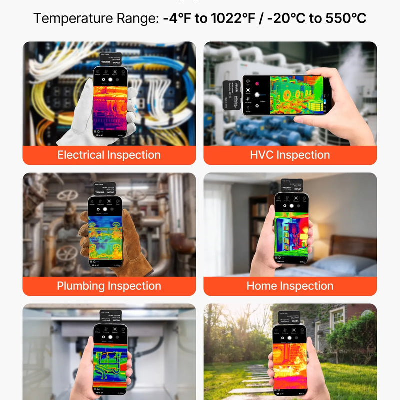 VEVOR termokamera Android un iOS ierīcēm ar makro objektīvu, 512 × 384 super izšķirtspēja, 25 Hz atsvaidzes ātrums, 256 × 192 IR izšķirtspēja, temperatūras diapazons - 20 °C līdz 550 °C - ZEMLETES.LV