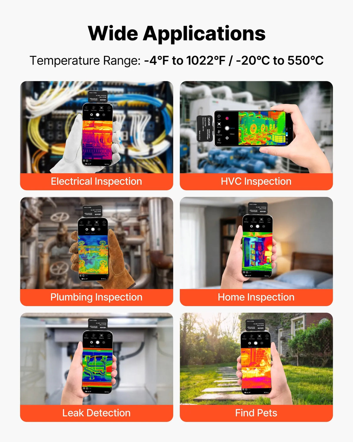 VEVOR termokamera Android un iOS ierīcēm ar makro objektīvu, 512 × 384 super izšķirtspēja, 25 Hz atsvaidzes ātrums, 256 × 192 IR izšķirtspēja, temperatūras diapazons - 20 °C līdz 550 °C - ZEMLETES.LV