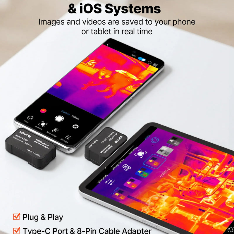 VEVOR termokamera Android un iOS ierīcēm ar makro objektīvu, 512 × 384 super izšķirtspēja, 25 Hz atsvaidzes ātrums, 256 × 192 IR izšķirtspēja, temperatūras diapazons - 20 °C līdz 550 °C - ZEMLETES.LV