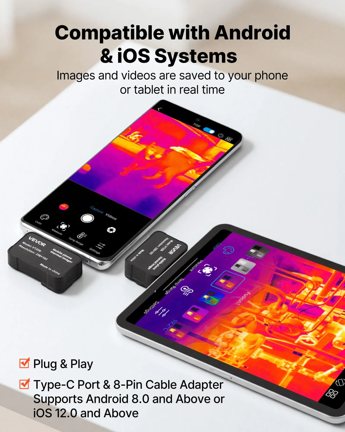 VEVOR termokamera Android un iOS ierīcēm ar makro objektīvu, 512 × 384 super izšķirtspēja, 25 Hz atsvaidzes ātrums, 256 × 192 IR izšķirtspēja, temperatūras diapazons - 20 °C līdz 550 °C - ZEMLETES.LV