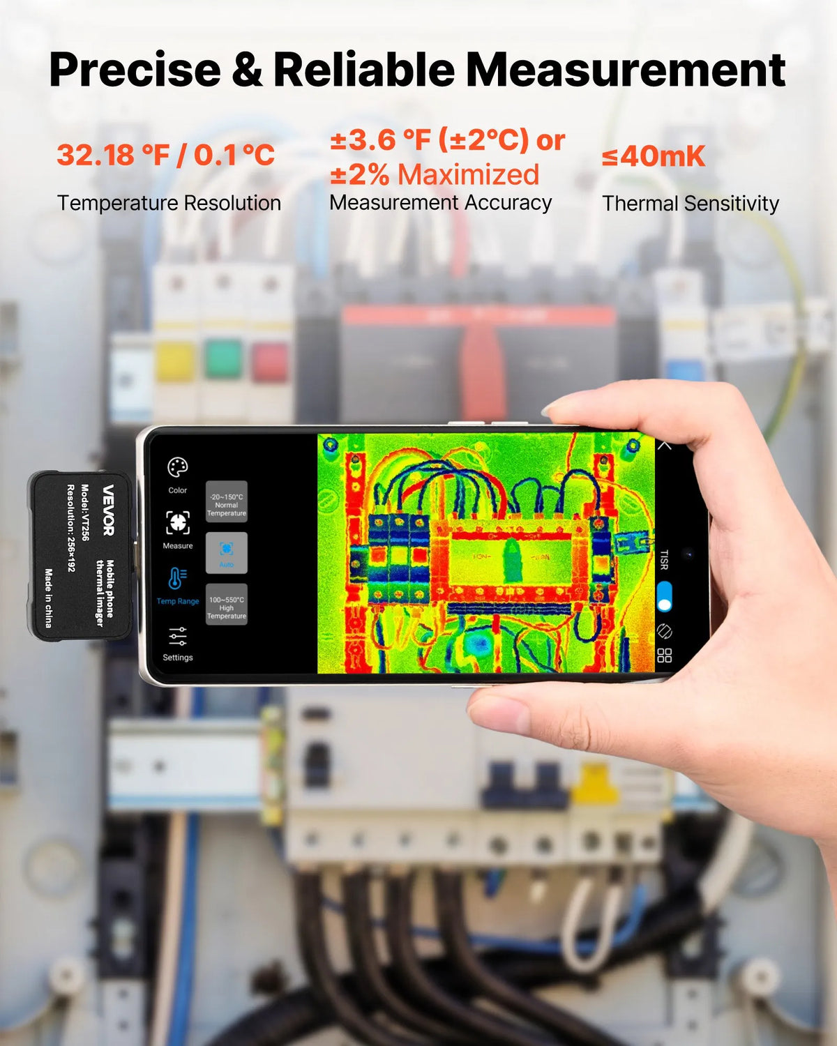 VEVOR termokamera Android un iOS ierīcēm ar makro objektīvu, 512 × 384 super izšķirtspēja, 25 Hz atsvaidzes ātrums, 256 × 192 IR izšķirtspēja, temperatūras diapazons - 20 °C līdz 550 °C - ZEMLETES.LV