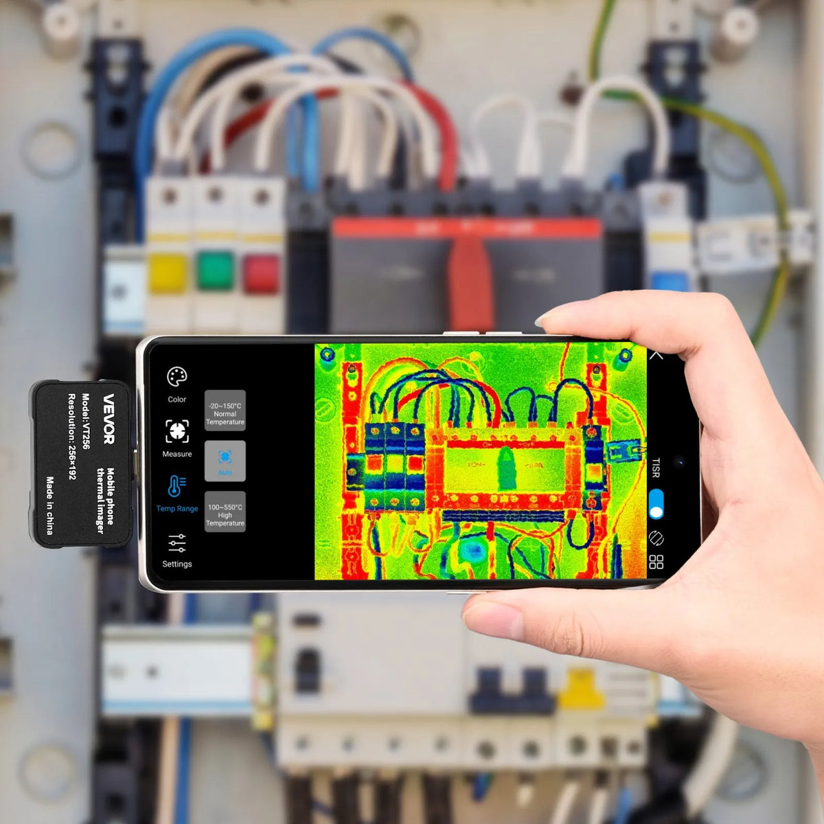 VEVOR termokamera Android un iOS ierīcēm ar makro objektīvu, 512 × 384 super izšķirtspēja, 25 Hz atsvaidzes ātrums, 256 × 192 IR izšķirtspēja, temperatūras diapazons - 20 °C līdz 550 °C - ZEMLETES.LV