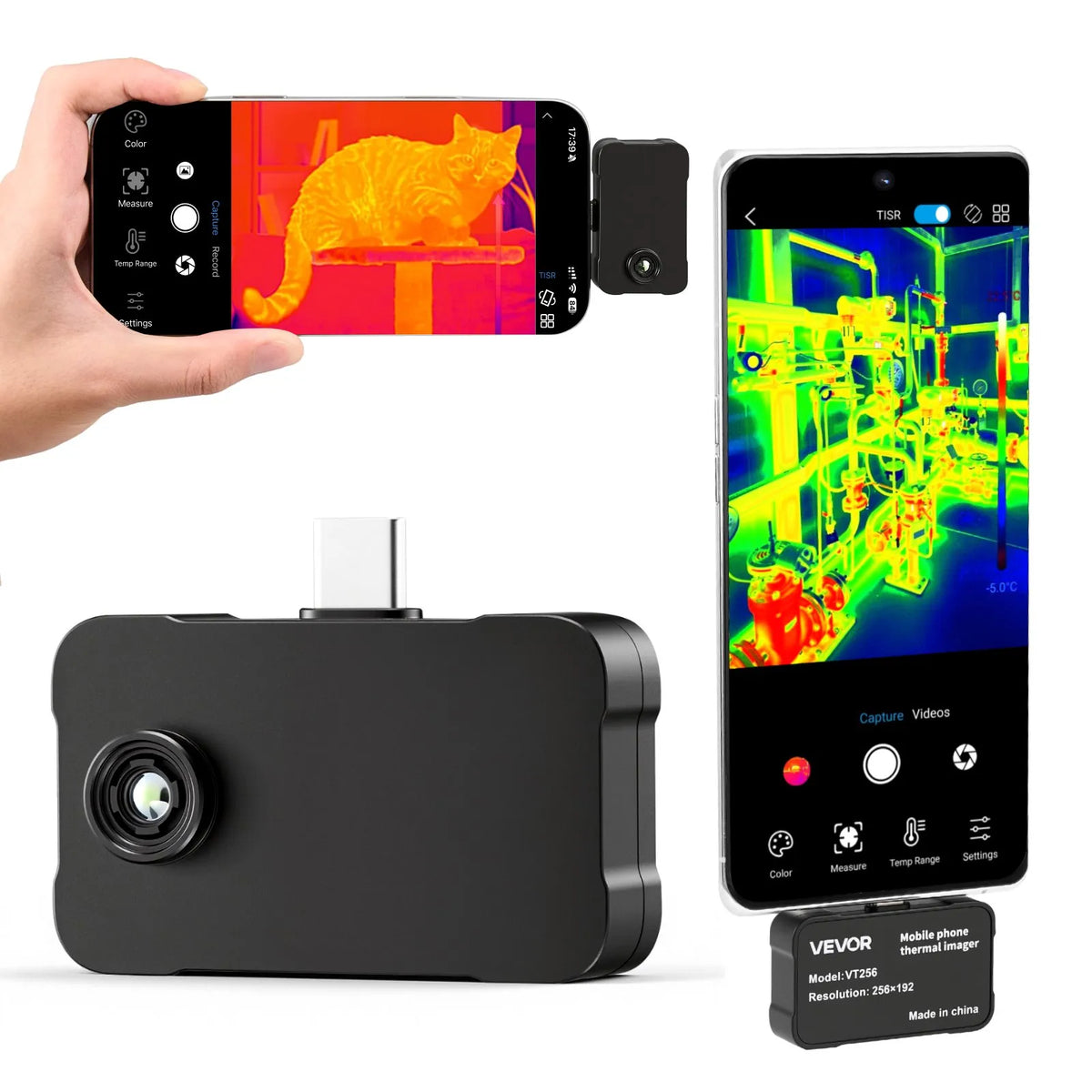 VEVOR termokamera Android un iOS ierīcēm ar 512 × 384 superrezolūciju, 25 Hz atsvaidzes ātrums, 256 × 192 IR izšķirtspēja, temperatūras diapazons no - 20 °C līdz +550 °C, 6 krāsu paletes - ZEMLETES.LV