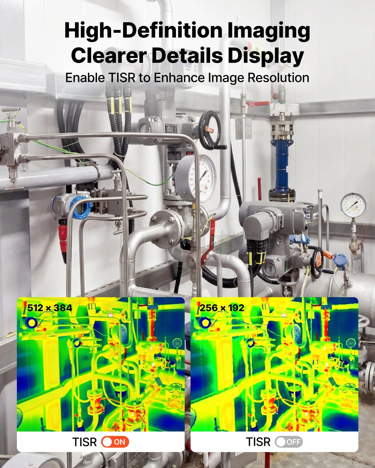 VEVOR termokamera Android un iOS ierīcēm ar 512 × 384 superrezolūciju, 25 Hz atsvaidzes ātrums, 256 × 192 IR izšķirtspēja, temperatūras diapazons no - 20 °C līdz +550 °C, 6 krāsu paletes - ZEMLETES.LV