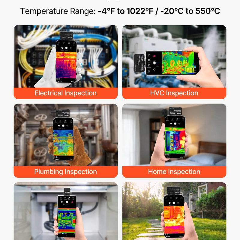 VEVOR termokamera Android un iOS ierīcēm ar 512 × 384 superrezolūciju, 25 Hz atsvaidzes ātrums, 256 × 192 IR izšķirtspēja, temperatūras diapazons no -20 °C līdz +550 °C, 6 krāsu paletes
