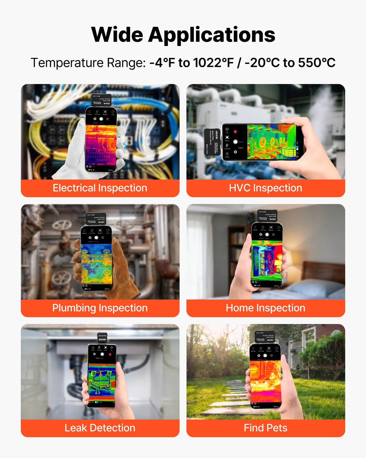 VEVOR termokamera Android un iOS ierīcēm ar 512 × 384 superrezolūciju, 25 Hz atsvaidzes ātrums, 256 × 192 IR izšķirtspēja, temperatūras diapazons no - 20 °C līdz +550 °C, 6 krāsu paletes - ZEMLETES.LV