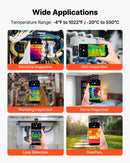 VEVOR termokamera Android un iOS ierīcēm ar 512 × 384 superrezolūciju, 25 Hz atsvaidzes ātrums, 256 × 192 IR izšķirtspēja, temperatūras diapazons no -20 °C līdz +550 °C, 6 krāsu paletes