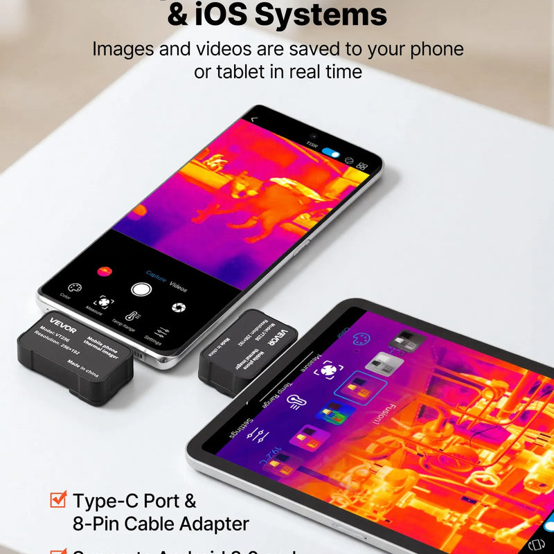 VEVOR termokamera Android un iOS ierīcēm ar 512 × 384 superrezolūciju, 25 Hz atsvaidzes ātrums, 256 × 192 IR izšķirtspēja, temperatūras diapazons no -20 °C līdz +550 °C, 6 krāsu paletes