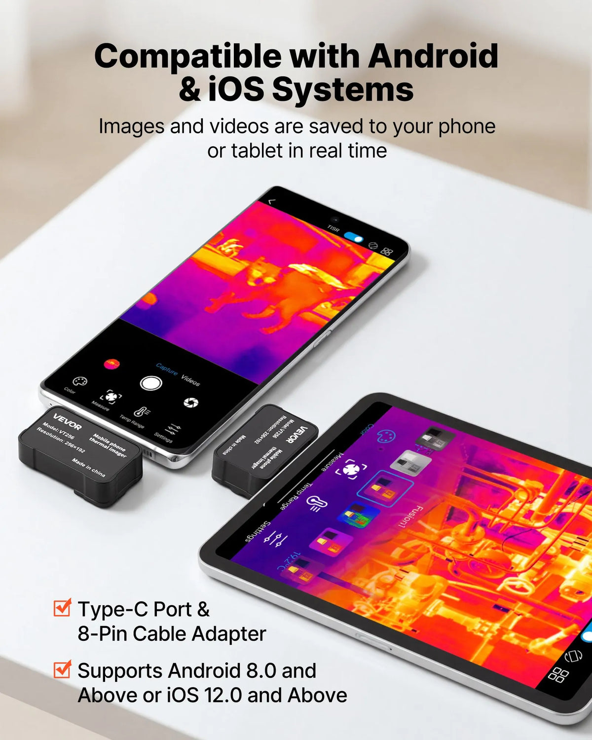 VEVOR termokamera Android un iOS ierīcēm ar 512 × 384 superrezolūciju, 25 Hz atsvaidzes ātrums, 256 × 192 IR izšķirtspēja, temperatūras diapazons no - 20 °C līdz +550 °C, 6 krāsu paletes - ZEMLETES.LV