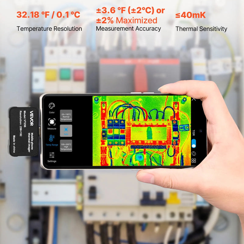 VEVOR termokamera Android un iOS ierīcēm ar 512 × 384 superrezolūciju, 25 Hz atsvaidzes ātrums, 256 × 192 IR izšķirtspēja, temperatūras diapazons no -20 °C līdz +550 °C, 6 krāsu paletes