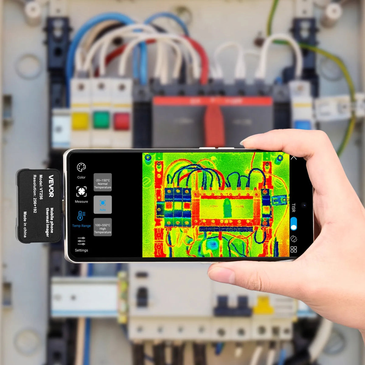 VEVOR termokamera Android un iOS ierīcēm ar 512 × 384 superrezolūciju, 25 Hz atsvaidzes ātrums, 256 × 192 IR izšķirtspēja, temperatūras diapazons no - 20 °C līdz +550 °C, 6 krāsu paletes - ZEMLETES.LV
