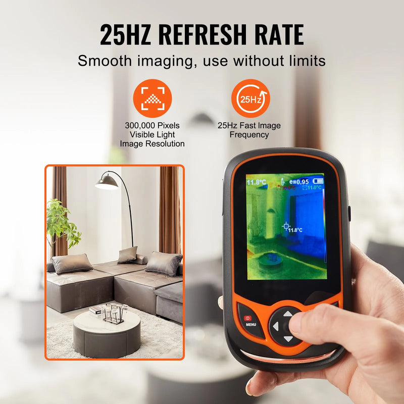 VEVOR termokamera, 256 × 192 IR izšķirtspēja, kabatas izmēra infrasarkanais attēlveidotājs ar WiFi, 25 Hz atsvaidzes intensitāte, 3,2" skārienekrāns, 0,3 MP vizuālā kamera, temperatūras diapazons –20 °C līdz 550 °C, IP54