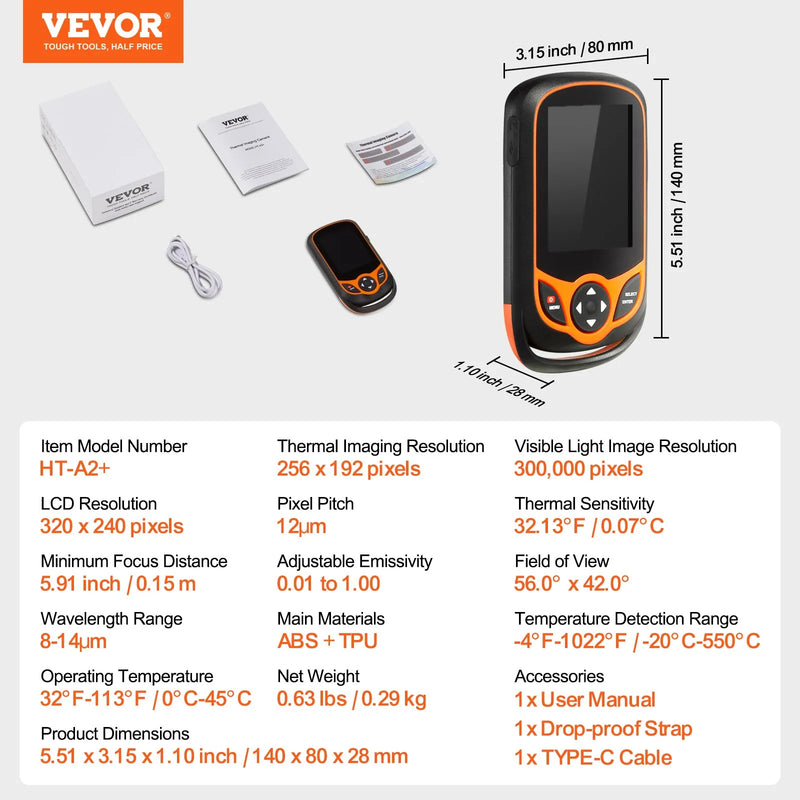 VEVOR termokamera, 256 × 192 IR izšķirtspēja, kabatas izmēra infrasarkanais attēlveidotājs ar WiFi, 25 Hz atsvaidzes intensitāte, 3,2" skārienekrāns, 0,3 MP vizuālā kamera, temperatūras diapazons –20 °C līdz 550 °C, IP54