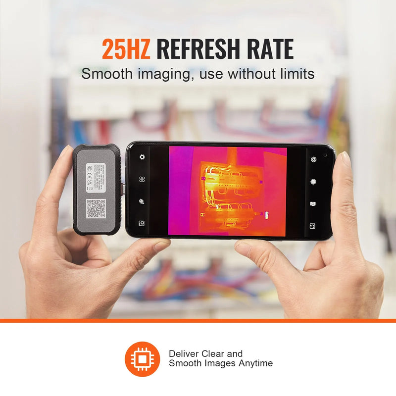 VEVOR termiskās attēlveidošanas kamera Android ierīcēm, 256 × 192 IR izšķirtspēja, infrasarkanais attēlveidotājs ar vizuālo kameru, 25 Hz atsvaidzes intensitāte, temperatūras diapazons –20 °C līdz 550 °C, IP54 aizsardzības klase