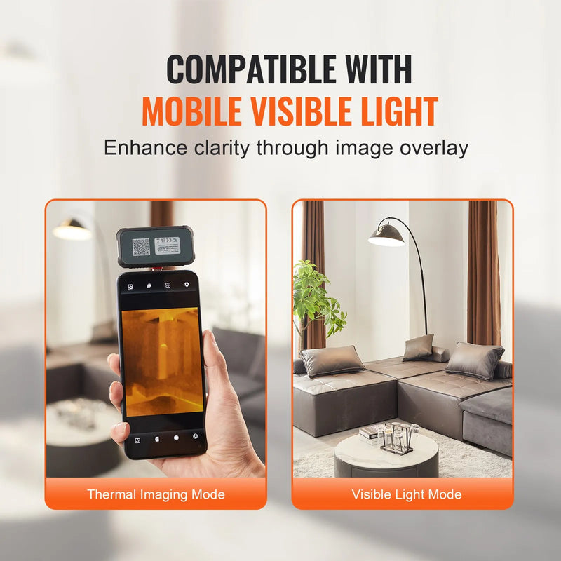 VEVOR termiskās attēlveidošanas kamera Android ierīcēm, 256 × 192 IR izšķirtspēja, infrasarkanais attēlveidotājs ar vizuālo kameru, 25 Hz atsvaidzes intensitāte, temperatūras diapazons –20 °C līdz 550 °C, IP54 aizsardzības klase