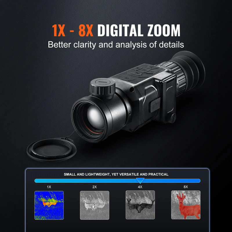 Termokamera monoklis medībām ar 1–8x tālummaiņu un 10 mm OLED ekrānu