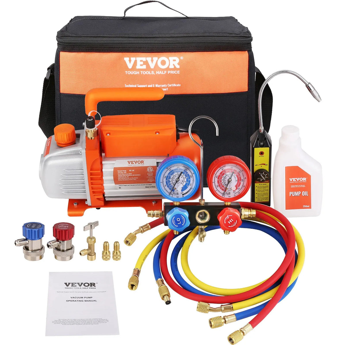 VEVOR Single-Stage HVAC Vacuum Pump with Gauge Kit 113 l/min, 1/4 SAE, with Hose for Air Conditioning System Maintenance