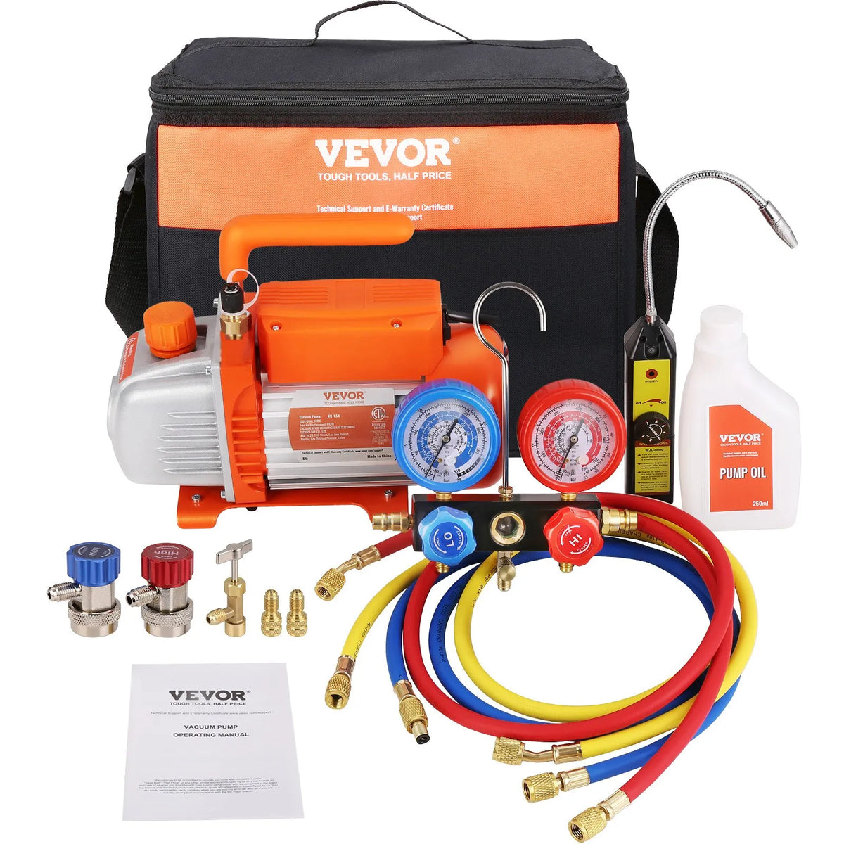 VEVOR Single-Stage HVAC Vacuum Pump with Gauge Kit 113 l/min, 1/4 SAE, with Hose for Air Conditioning System Maintenance