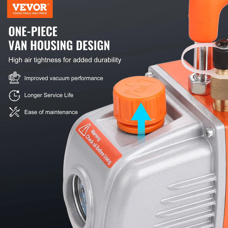 VEVOR vienpakāpes HVAC vakuuma sūknis ar manometru komplektu 113 l/min, 1/4 ZS, ar šļūteni gaisa kondicionēšanas sistēmu apkopei