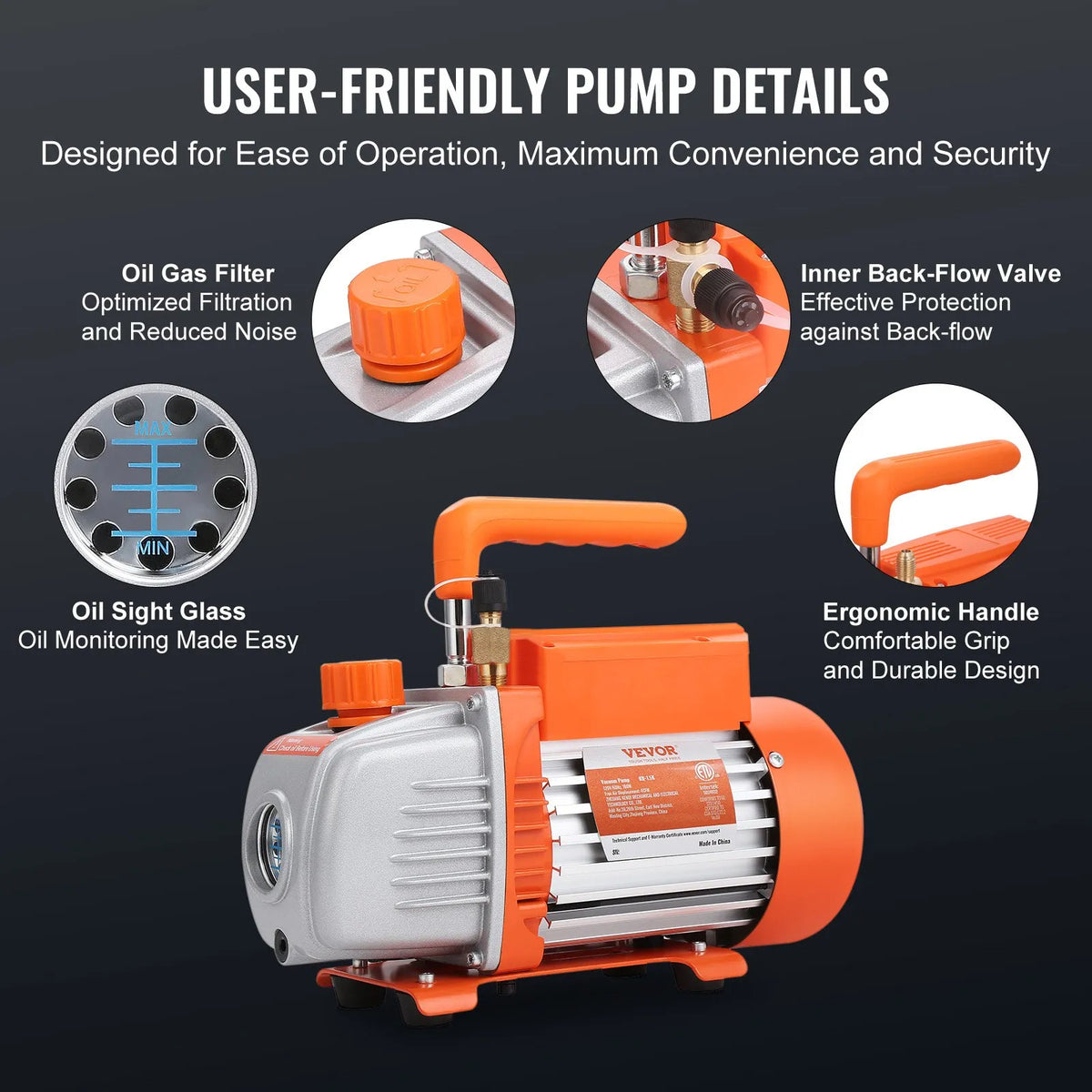 VEVOR Single-Stage HVAC Vacuum Pump with Gauge Kit 113 l/min, 1/4 SAE, with Hose for Air Conditioning System Maintenance