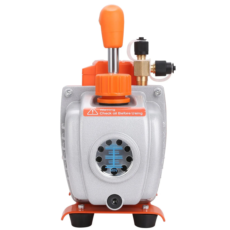 VEVOR vienpakāpes vakuuma sūknis 99 l/min, 150 W, 220–240 V, gaisa kondicionēšanas un HVAC vakuuma sūknis ar SAE 1/4 un ACME 1/2 ieplūdes pieslēgumiem, paredzēts HVAC remontam, aukstuma iekārtu apkopei un sveķu degazēšanai