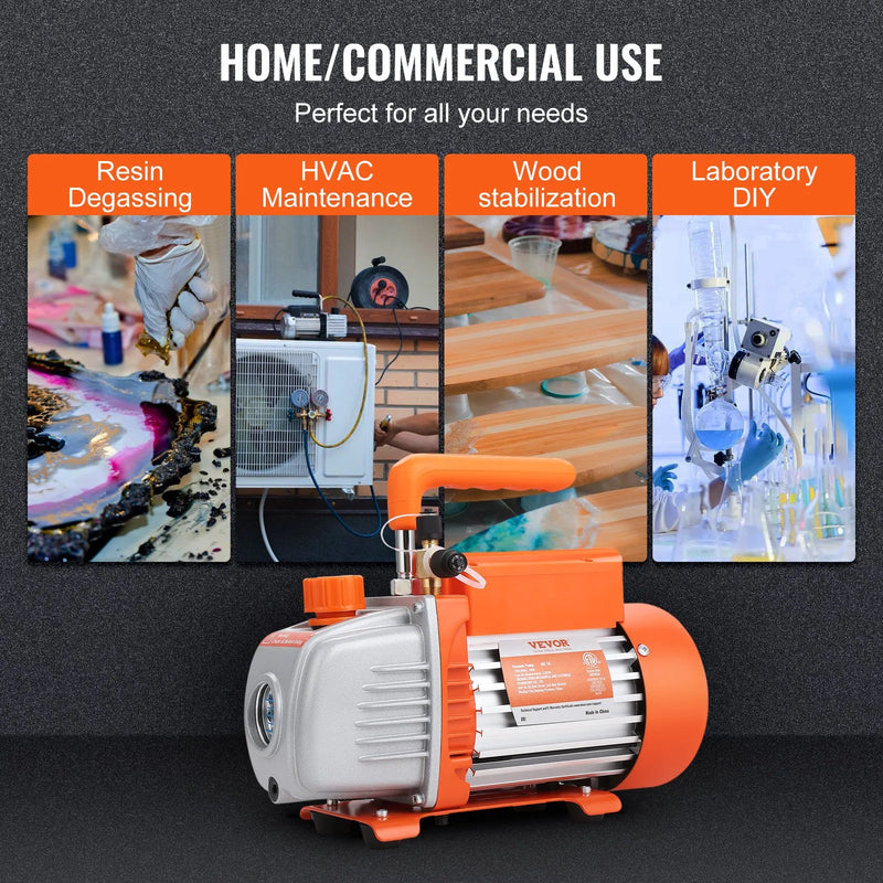 VEVOR vienpakāpes vakuuma sūknis 99 l/min, 150 W, 220–240 V, gaisa kondicionēšanas un HVAC vakuuma sūknis ar SAE 1/4 un ACME 1/2 ieplūdes pieslēgumiem, paredzēts HVAC remontam, aukstuma iekārtu apkopei un sveķu degazēšanai