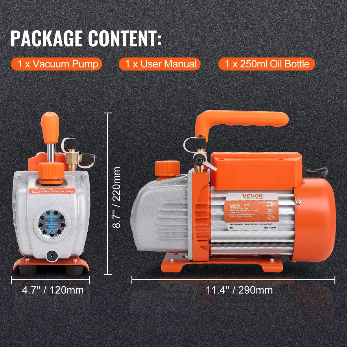VEVOR Single-Stage Vacuum Pump 99 l/min, 150 W, 220–240 V, Air Conditioning and HVAC Vacuum Pump with SAE 1/4 and ACME 1/2 Inlet Connections, for HVAC Repair, Refrigeration Maintenance and Resin Degassing