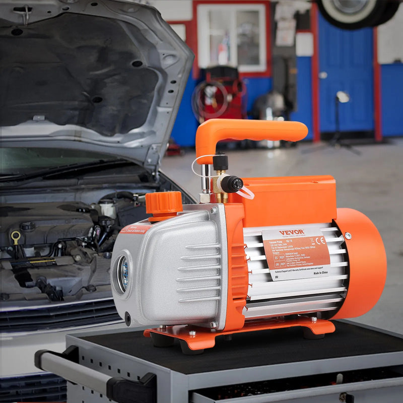 VEVOR vienpakāpes vakuuma sūknis 99 l/min, 150 W, 220–240 V, gaisa kondicionēšanas un HVAC vakuuma sūknis ar SAE 1/4 un ACME 1/2 ieplūdes pieslēgumiem, paredzēts HVAC remontam, aukstuma iekārtu apkopei un sveķu degazēšanai
